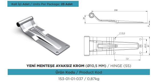 KAPAI KASA ARKA KAPAK YENI MENTESE LAMA AYAKSIZ KROM TIRSAN Y.M 10,5 MM DELIK